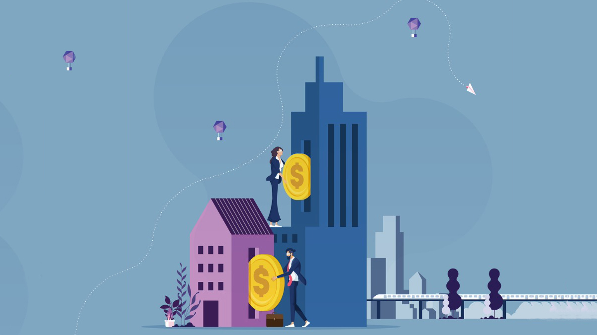 Illustration of two businesspeople holding large gold coins with dollar signs, standing on top of buildings. The background features a cityscape with tall buildings, a bridge, and hot air balloons in the sky. A paper airplane is flying in the distance, hinting at whether real estate investment trusts are a good career path. | MONEY6X