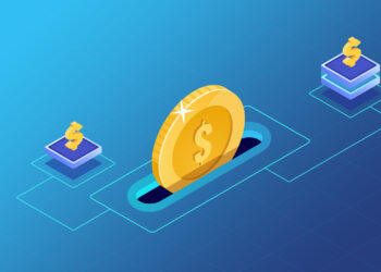 A large gold coin with a dollar sign stands upright in the center of a blue gradient background. Two smaller dollar signs sit atop square platforms on either side of the coin, connected by outlined pathways, suggesting a digital financial concept focused on budgeting. | MONEY6X