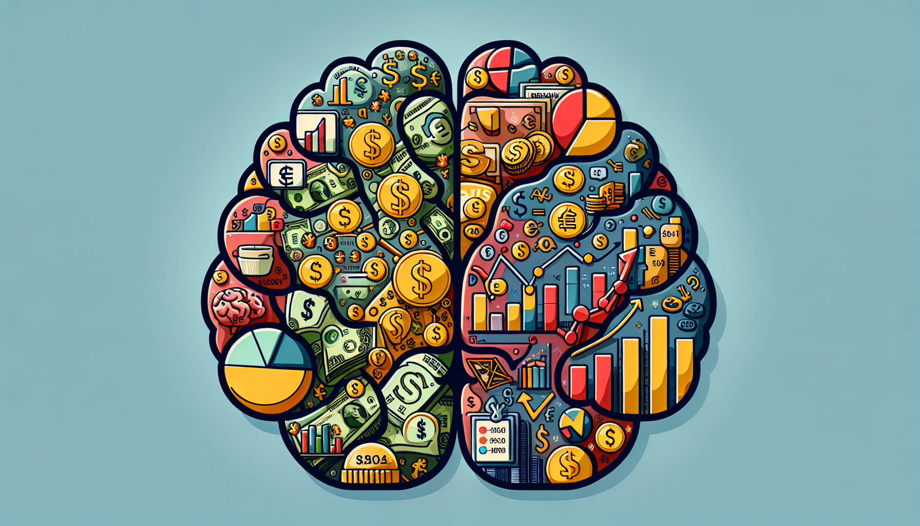 A colorful brain illustration divided in half. The left side is filled with images representing a money mindset, featuring dollar signs, coins, and charts. The right side displays graphs, gears, and mathematical symbols, signifying analytics and logical thinking. | MONEY6X