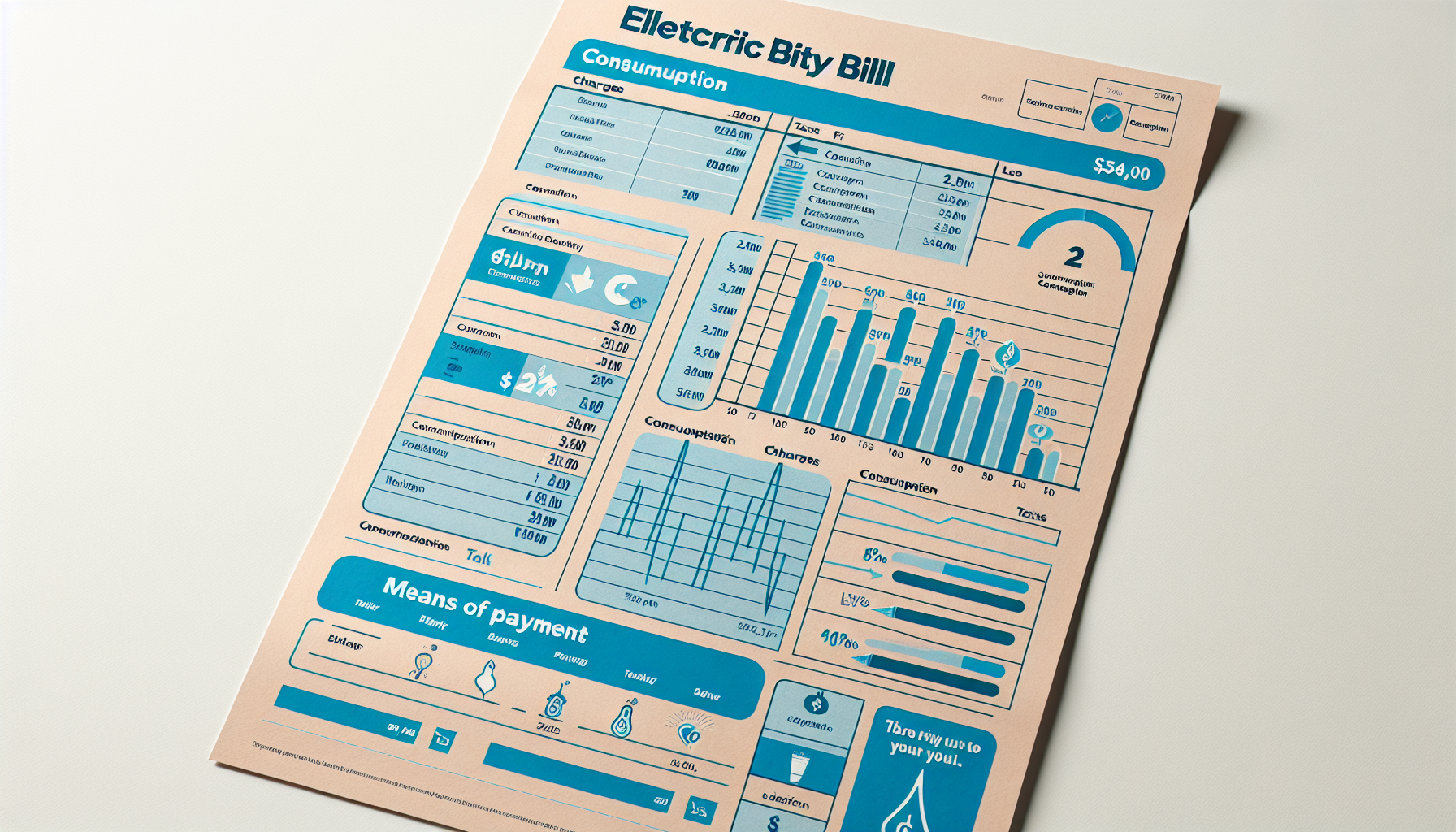 An electricity bill document with blue graphical elements on a beige background. The layout includes consumption data, usage graphs, charges breakdown, means of payment, and a total amount due. The design is visually structured with various charts and numerical details. | MONEY6X