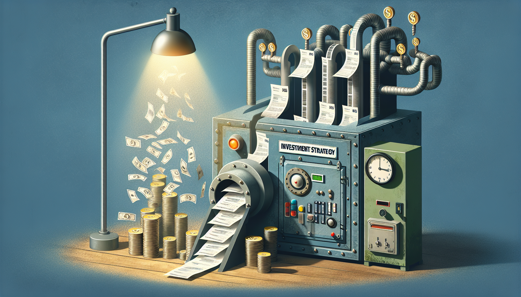 A money printing machine labeled "Investment Strategy" converts dollar bills and coins into a long paper tape filled with financial data, charts, and invoices. The machine is under a spotlight, emphasizing the complex financial processes and strategies involved. | MONEY6X