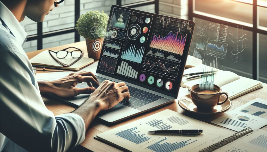 A person types on a laptop displaying colorful bar and area charts, possibly analyzing investment trends. A notebook with additional charts and a pen lies next to the laptop. A coffee cup, a small plant, and a window with natural light are visible in the background. | MONEY6X