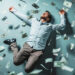 A man dressed in a light blue shirt and gray trousers is lying on the ground with his arms and legs spread out. He appears relaxed and content as dollar bills rain down around him, creating a sense of wealth and abundance, much like the opportunities found on Money6x.com earning. | MONEY6X
