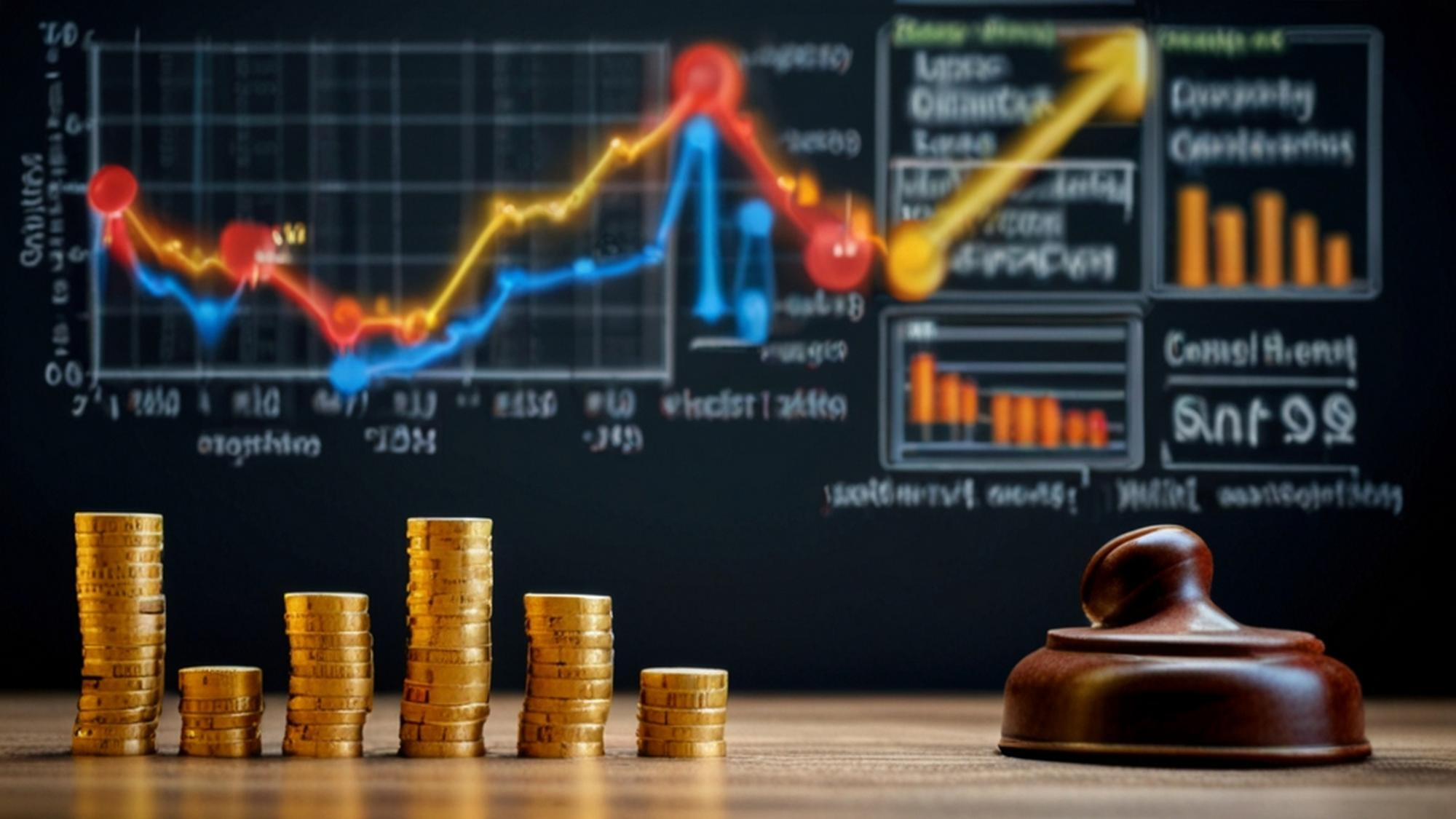 A stack of gold coins in the foreground grows progressively in height, embodying a sense of wealth akin to Money 6X, set on a table next to a wooden gavel. Behind, a chalkboard displays brightly colored graphs and charts, indicating financial data and trends. | MONEY6X