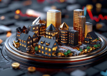 A miniature model of a city with various buildings, including houses and skyscrapers, is displayed on a circular platform. The background features blurred circuitry and electronic components, giving a technological and futuristic ambiance, embodying the sophistication of Money6x Real Estate investments. | MONEY6X