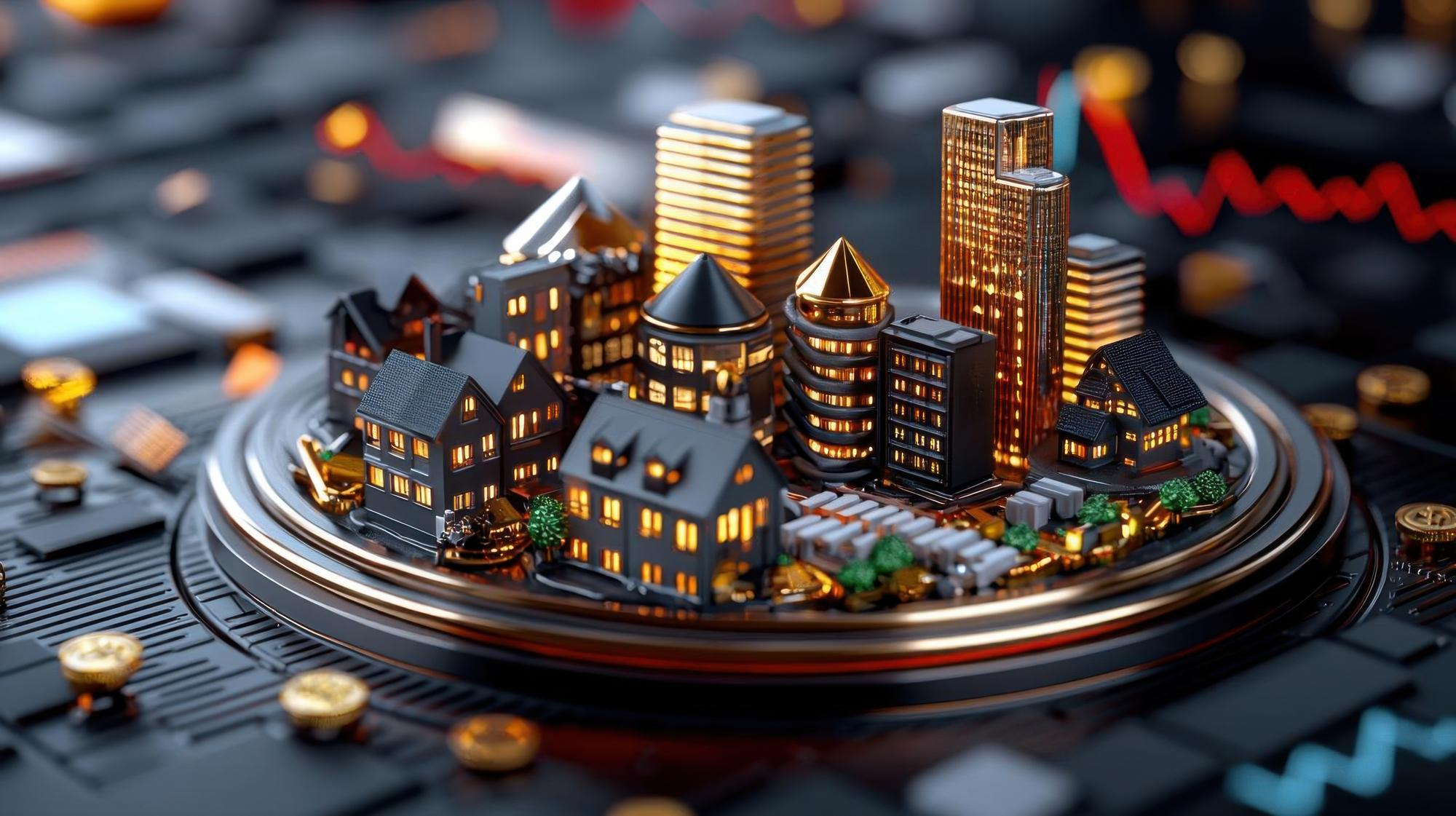 A miniature model of a city with various buildings, including houses and skyscrapers, is displayed on a circular platform. The background features blurred circuitry and electronic components, giving a technological and futuristic ambiance, embodying the sophistication of Money6x Real Estate investments. | MONEY6X