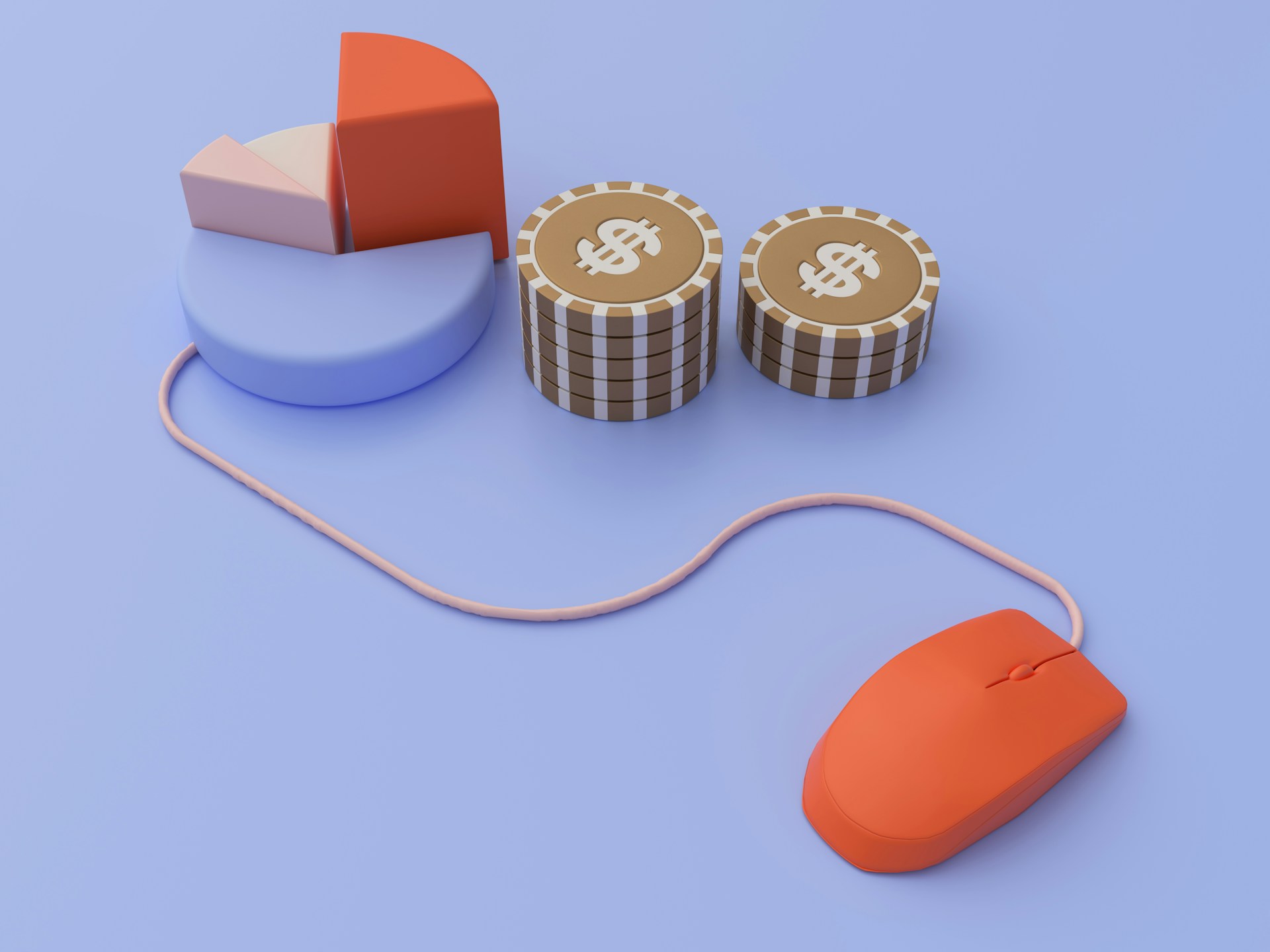 3D illustration depicting a red computer mouse connected by a cord in the shape of an arrow pointing to two stacks of coins with dollar signs and a multi-layered pie chart, symbolizing online finance or e-commerce. The background is light blue, highlighting Money6x.com's focus on digital trading solutions. | MONEY6X