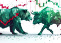 A digital illustration of a bear and a bull facing off, symbolizing CFD Trading vs. Investing in stock market trends. The background features red and green candlestick charts, with arrows reflecting the opposing strategies of each side. | MONEY6X