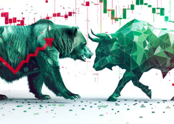 A digital illustration of a bear and a bull facing off, symbolizing CFD Trading vs. Investing in stock market trends. The background features red and green candlestick charts, with arrows reflecting the opposing strategies of each side. | MONEY6X
