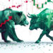 A digital illustration of a bear and a bull facing off, symbolizing CFD Trading vs. Investing in stock market trends. The background features red and green candlestick charts, with arrows reflecting the opposing strategies of each side. | MONEY6X