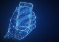 A digital illustration of a hand holding a smartphone, both formed by glowing blue lines and dots representing a network or futuristic technology on a dark background. | MONEY6X