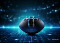 A football with blue laces sits on a digital, glowing grid with a futuristic blue background and scattered lights, creating a high-tech, dramatic atmosphere. | MONEY6X