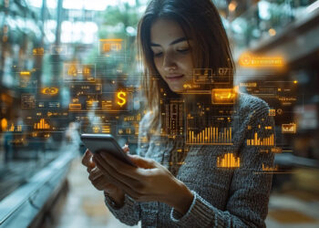 A woman in a modern indoor space looks at her smartphone, surrounded by floating digital graphs, charts, and data icons, representing technology and data analysis. | MONEY6X