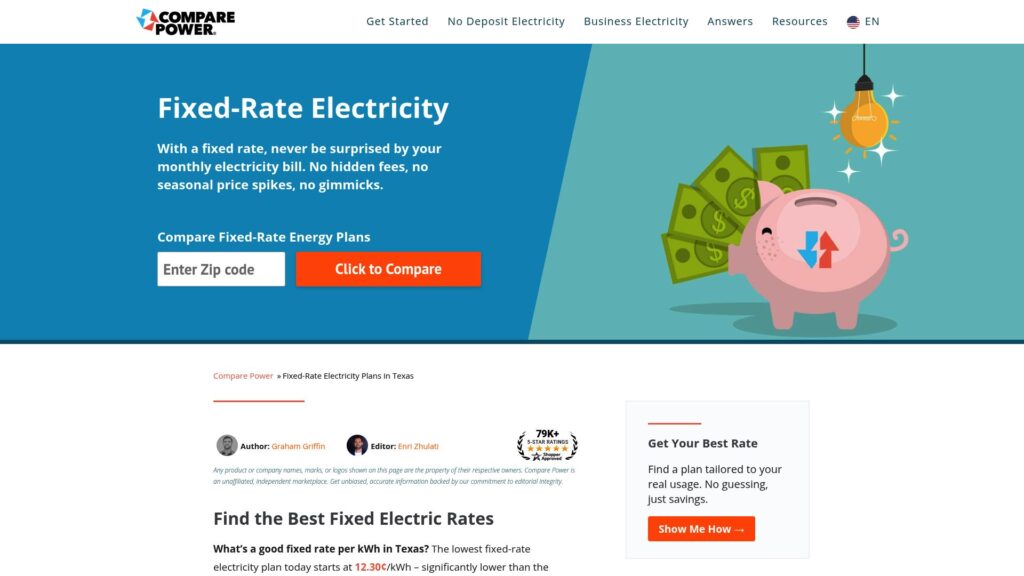 A website page from Compare Power promoting fixed-rate electricity. The header features a pink piggy bank with dollar bills and a lightning bolt, a blue background, a zip code entry box, and an orange "Click to Compare" button. | MONEY6X