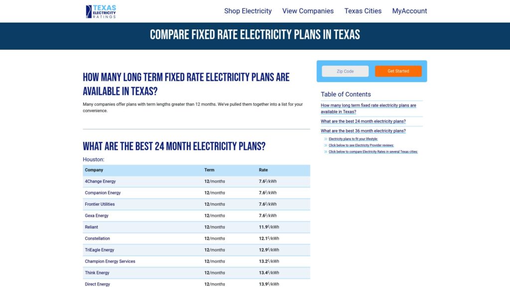 A webpage from Texas Electricity Ratings displays a table comparing 24-month fixed rate electricity plans in Texas, listing companies, terms, and rates. A sidebar offers a table of contents and an orange button labeled "Get Started. | MONEY6X