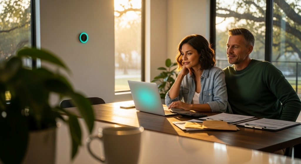 A couple sits at a table using a laptop, surrounded by paperwork and envelopes, in a sunlit modern room with large windows, plants, and a smart thermostat on the wall. | MONEY6X