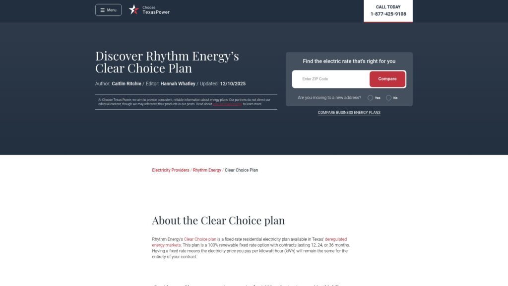 Screenshot of a webpage titled "Discover Rhythm Energy’s Clear Choice Plan" with plan details, comparison tool, and contact number visible. The section below describes the Clear Choice plan and mentions Texas deregulation. | MONEY6X