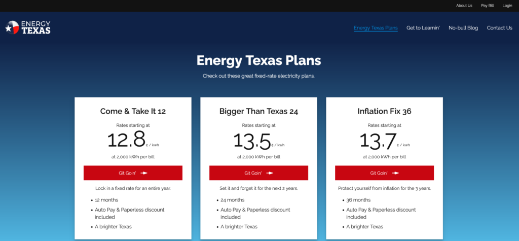 Screenshot of Energy Texas Plans webpage showing three electricity plans: "Come & Take It 12" at 12.8¢/kWh, "Bigger Than Texas 24" at 13.5¢/kWh, and "Inflation Fix 36" at 13.7¢/kWh, each with plan details and red 'Go Get It!' buttons. | MONEY6X