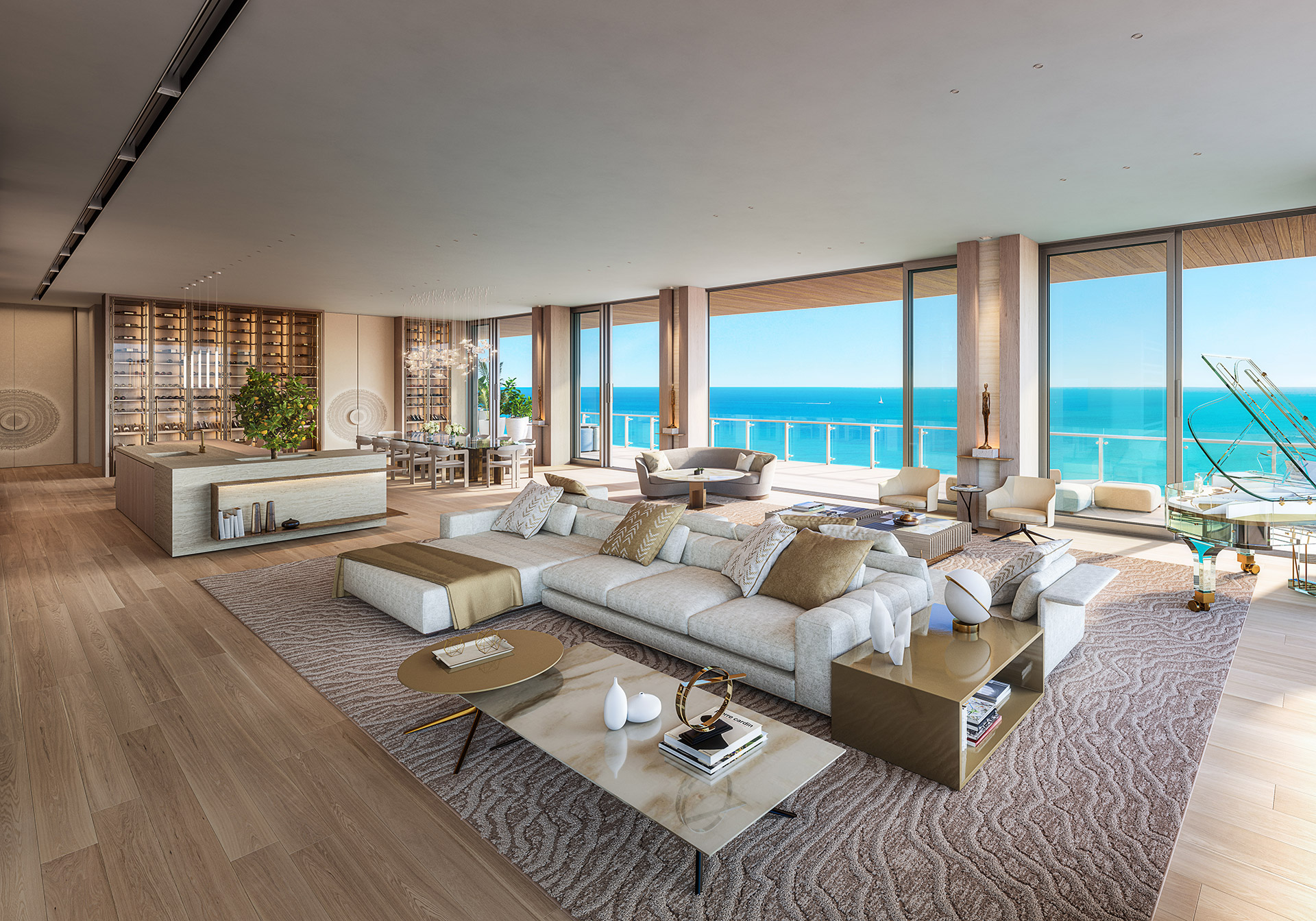 A spacious, modern living room with beige and neutral tones features plush seating, large windows offering a stunning ocean view, wooden flooring, a contemporary kitchen with a wine display, and a stylish dining area. Considering selling your home quickly? This space opens to a balcony with outdoor seating. | MONEY6X