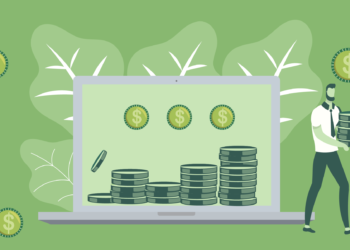 An illustration depicts a man carrying a stack of coins in front of a laptop screen displaying stacks of coins and dollar signs. Surrounding the laptop are leaves and floating coins, all set on a green background, symbolizing tips on how to make money fast. | MONEY6X