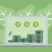 An illustration depicts a man carrying a stack of coins in front of a laptop screen displaying stacks of coins and dollar signs. Surrounding the laptop are leaves and floating coins, all set on a green background, symbolizing tips on how to make money fast. | MONEY6X