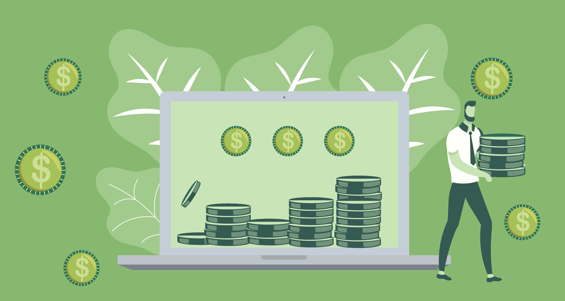 An illustration depicts a man carrying a stack of coins in front of a laptop screen displaying stacks of coins and dollar signs. Surrounding the laptop are leaves and floating coins, all set on a green background, symbolizing tips on how to make money fast. | MONEY6X