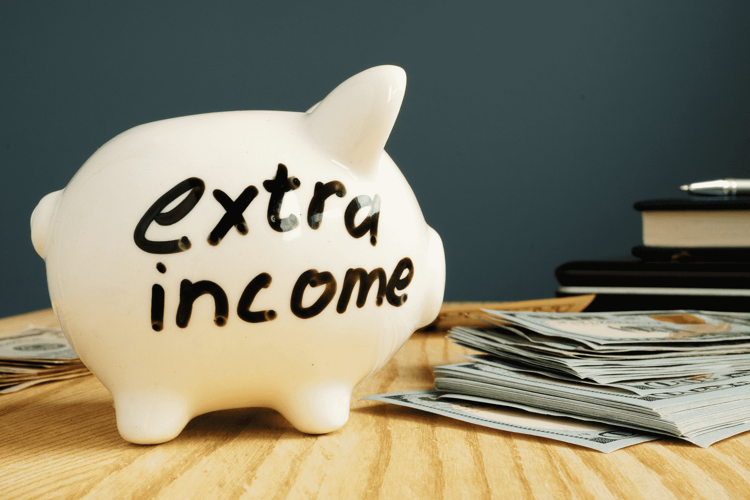 A white piggy bank with "extra income" written on it sits on a wooden table. Nearby, stacks of dollar bills and closed books hint at strategies for saving money and financial growth, subtly suggesting how to make extra money. | MONEY6X