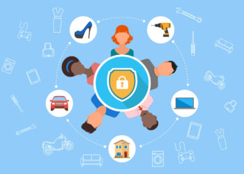 Illustration of four diverse individuals forming a circle, each holding hands, with a shield displaying a padlock at the center. Surrounding them are icons representing various goods and services—car, high-heeled shoe, drill, laptop, house, and scooter—emphasizing the essence of the sharing economy. | MONEY6X