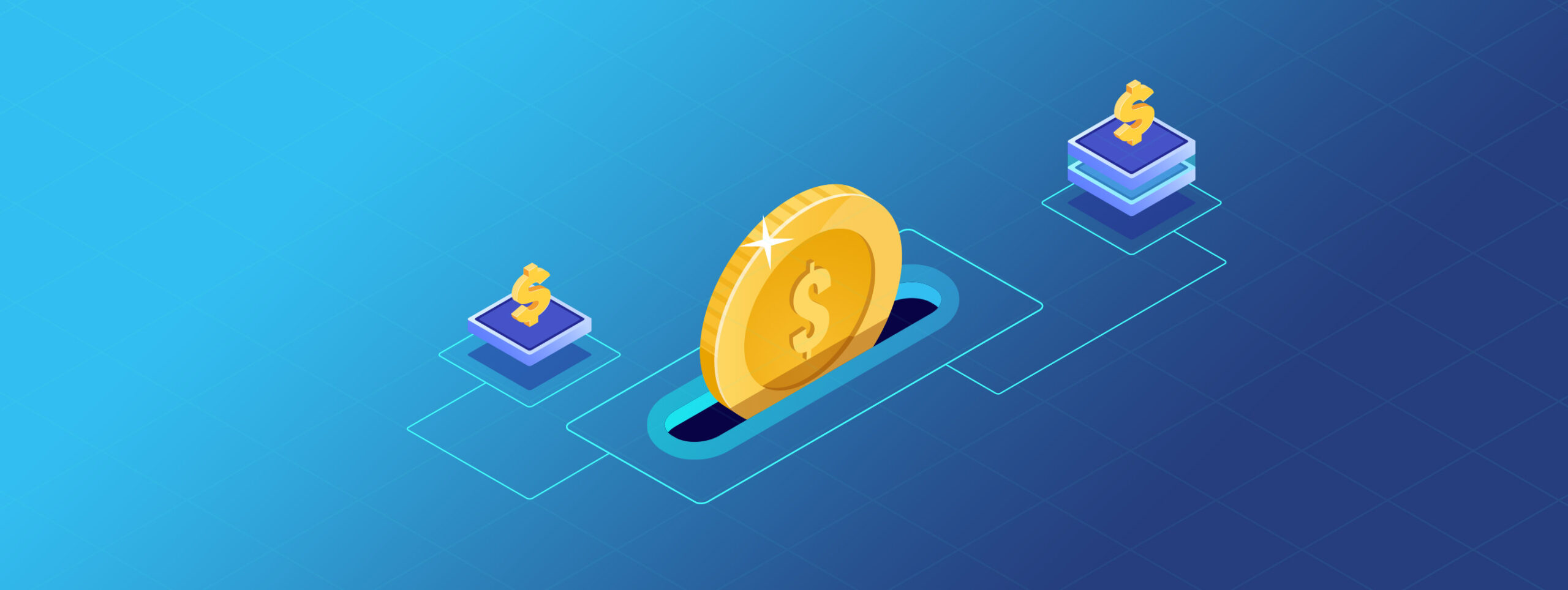 A large gold coin with a dollar sign stands upright in the center of a blue gradient background. Two smaller dollar signs sit atop square platforms on either side of the coin, connected by outlined pathways, suggesting a digital financial concept focused on budgeting. | MONEY6X