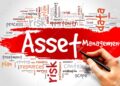 A hand draws on a word cloud with prominent text "Asset Management" in red. Surrounding words like risk, strategy, opportunity, planning, resources, data, and cost emphasize its significance. With a focus on asset building, the vibrant text against the white background highlights its diverse elements. | MONEY6X