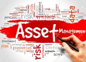 A hand draws on a word cloud with prominent text "Asset Management" in red. Surrounding words like risk, strategy, opportunity, planning, resources, data, and cost emphasize its significance. With a focus on asset building, the vibrant text against the white background highlights its diverse elements. | MONEY6X
