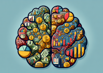 A colorful brain illustration divided in half. The left side is filled with images representing a money mindset, featuring dollar signs, coins, and charts. The right side displays graphs, gears, and mathematical symbols, signifying analytics and logical thinking. | MONEY6X