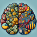 A colorful brain illustration divided in half. The left side is filled with images representing a money mindset, featuring dollar signs, coins, and charts. The right side displays graphs, gears, and mathematical symbols, signifying analytics and logical thinking. | MONEY6X
