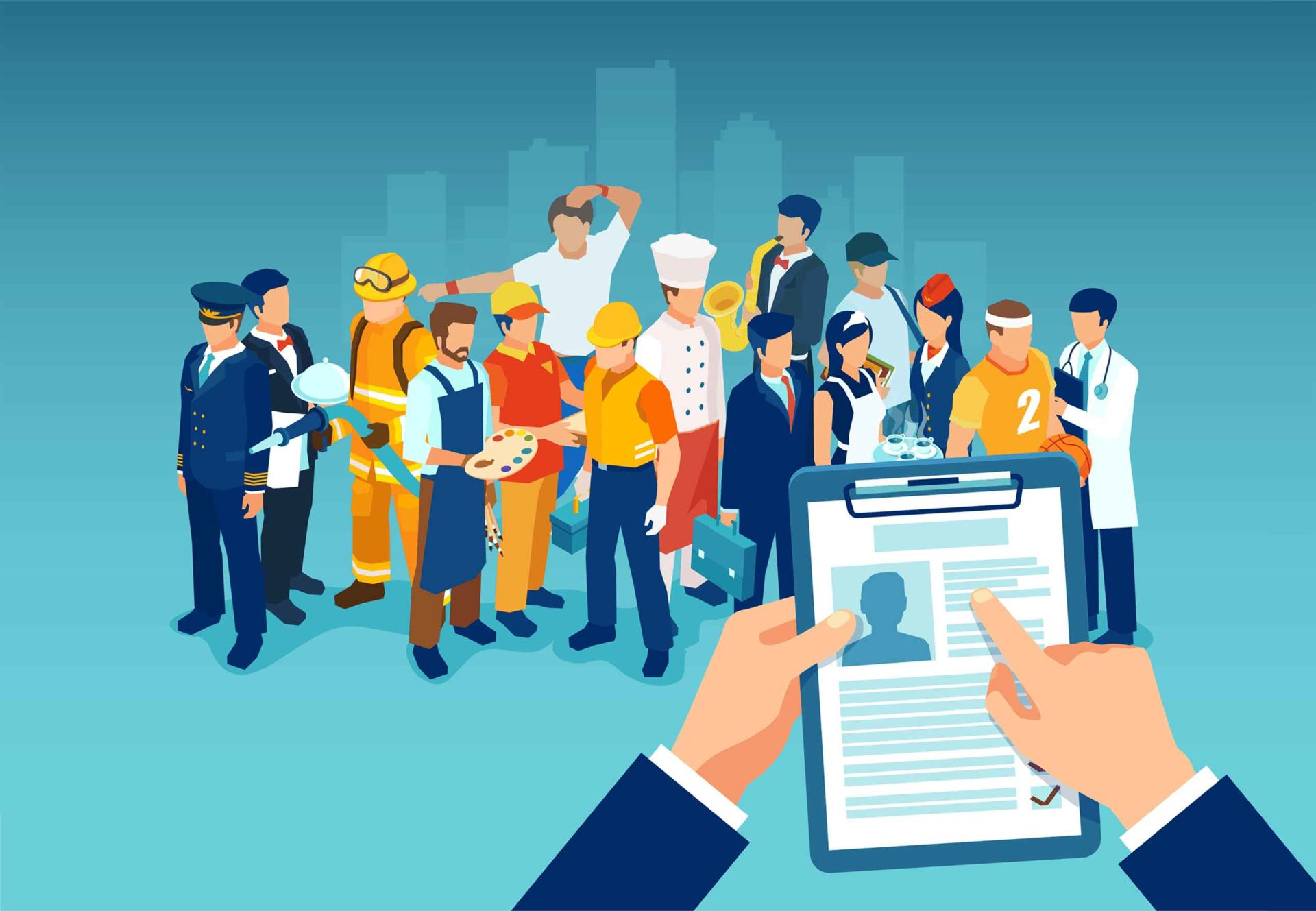 Illustration of a diverse group of professionals, including a pilot, firefighter, artist, construction worker, chef, scientist, student, and medical personnel. In the foreground, hands hold a clipboard with a résumé, symbolizing employment opportunities. | MONEY6X