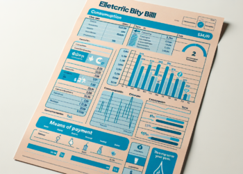 An electricity bill document with blue graphical elements on a beige background. The layout includes consumption data, usage graphs, charges breakdown, means of payment, and a total amount due. The design is visually structured with various charts and numerical details. | MONEY6X