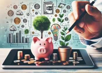 A person hand holding a pencil with a sprouting plant, a piggy bank, and stacks of coins on a tablet screen. Background includes financial symbols, bar charts, and growing trees, representing growth, savings, and financial planning to save money. | MONEY6X