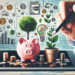 A person hand holding a pencil with a sprouting plant, a piggy bank, and stacks of coins on a tablet screen. Background includes financial symbols, bar charts, and growing trees, representing growth, savings, and financial planning to save money. | MONEY6X