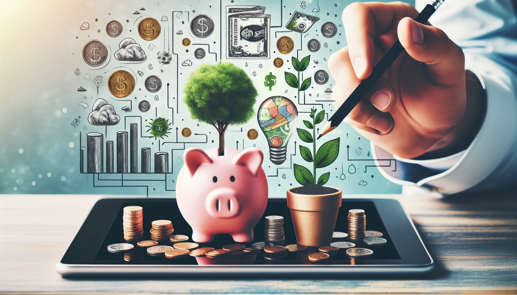 A person hand holding a pencil with a sprouting plant, a piggy bank, and stacks of coins on a tablet screen. Background includes financial symbols, bar charts, and growing trees, representing growth, savings, and financial planning to save money. | MONEY6X