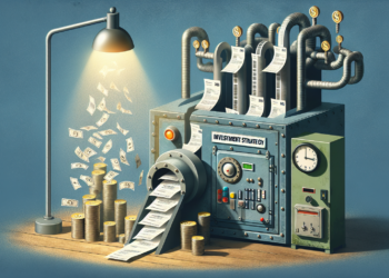A money printing machine labeled "Investment Strategy" converts dollar bills and coins into a long paper tape filled with financial data, charts, and invoices. The machine is under a spotlight, emphasizing the complex financial processes and strategies involved. | MONEY6X
