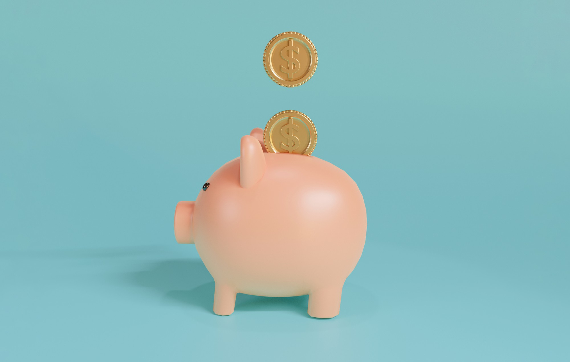 A light pink piggy bank is positioned on a light blue background. Two golden coins, each with a dollar sign, appear to be falling into the slot at the top of the piggy bank, suggesting the act of saving money efficiently with Money6x.com Save Money. | MONEY6X