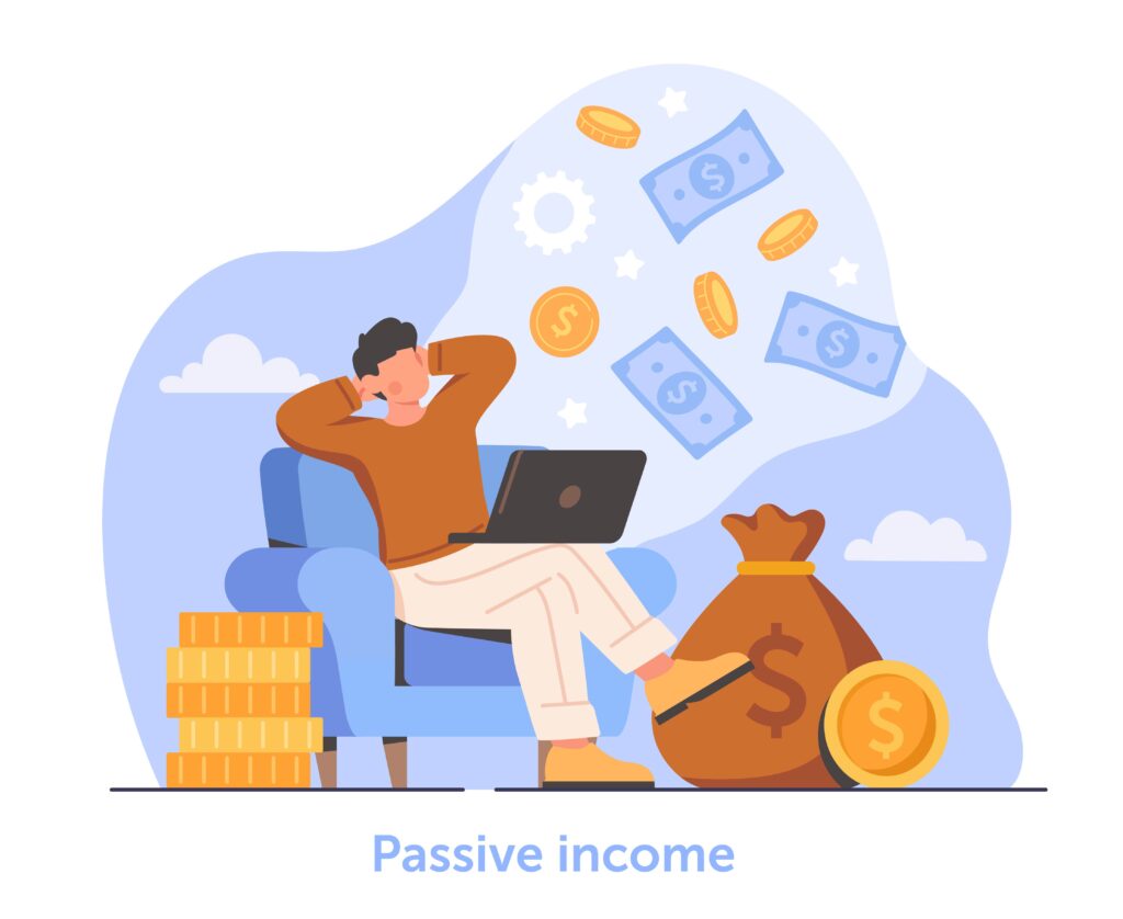 An illustration shows a person relaxing on a blue chair with hands behind their head and a laptop on their lap, earning with Money6x.com. Stacks of coins, dollar bills, and a money bag illustrate passive income. The background features clouds and gears, conveying ease and automation. | MONEY6X