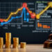A stack of gold coins in the foreground grows progressively in height, embodying a sense of wealth akin to Money 6X, set on a table next to a wooden gavel. Behind, a chalkboard displays brightly colored graphs and charts, indicating financial data and trends. | MONEY6X
