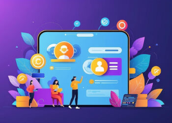 Illustration of three people engaging with a large digital interface filled with icons, profiles, and chat bubbles—symbolizing teamwork in affiliate marketing. The purple backdrop is adorned with decorative leaves and abstract shapes, highlighting digital communication concepts. | MONEY6X