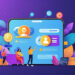 Illustration of three people engaging with a large digital interface filled with icons, profiles, and chat bubbles—symbolizing teamwork in affiliate marketing. The purple backdrop is adorned with decorative leaves and abstract shapes, highlighting digital communication concepts. | MONEY6X