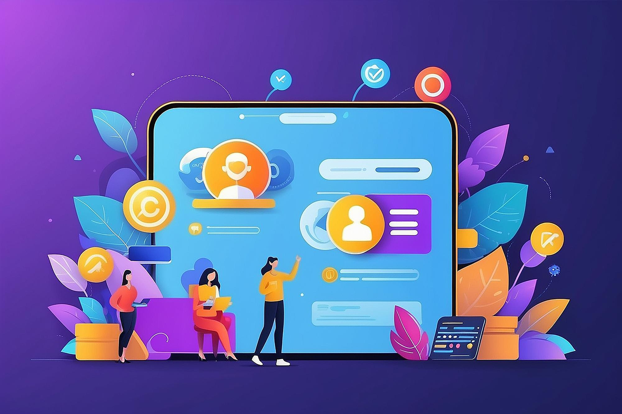 Illustration of three people engaging with a large digital interface filled with icons, profiles, and chat bubbles—symbolizing teamwork in affiliate marketing. The purple backdrop is adorned with decorative leaves and abstract shapes, highlighting digital communication concepts. | MONEY6X