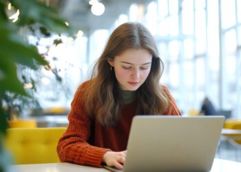 A young woman with long hair, wearing a red sweater, sits at a table working on a laptop in a bright, modern setting with large windows and a plant nearby. | MONEY6X