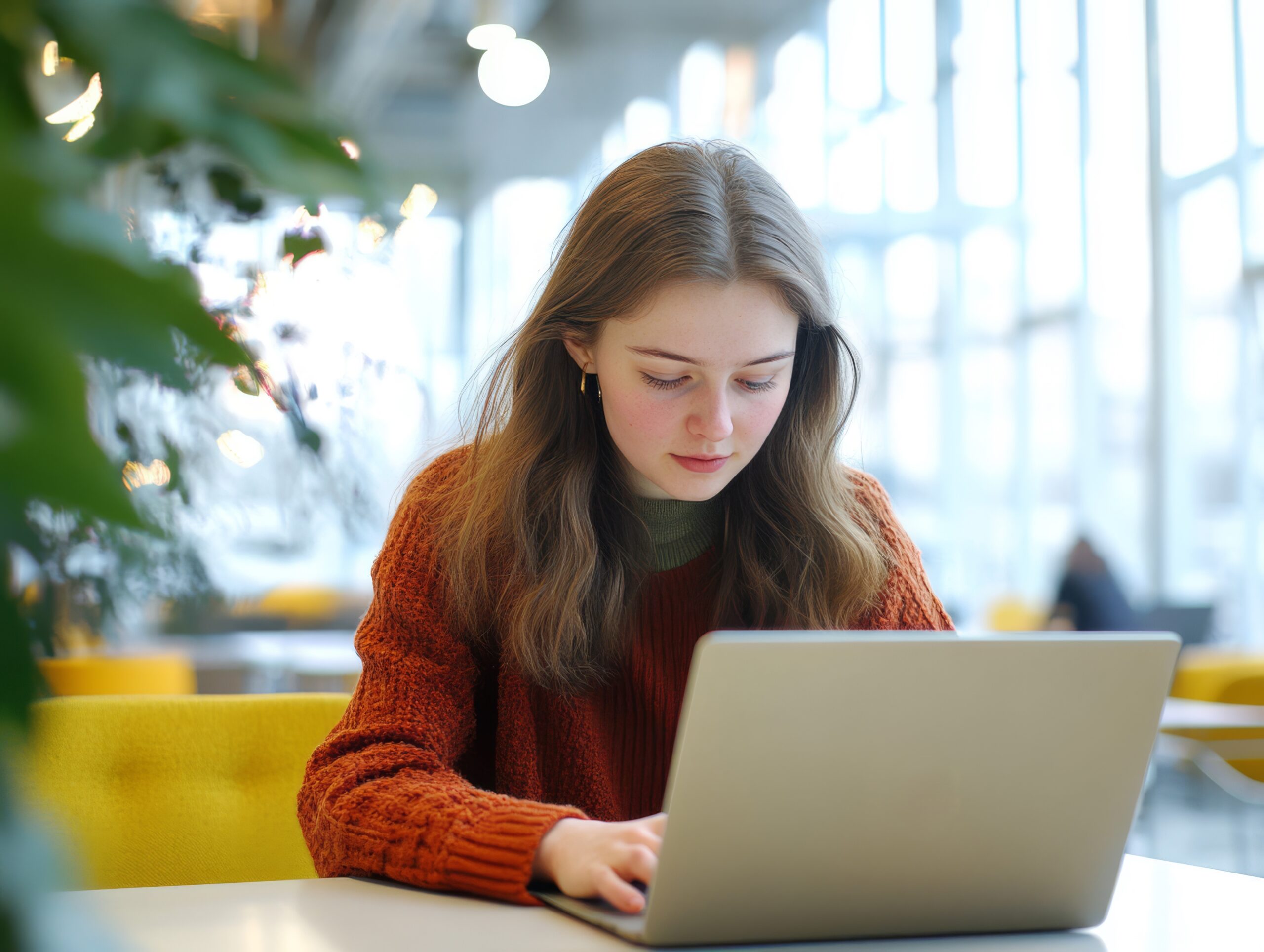 A young woman with long hair, wearing a red sweater, sits at a table working on a laptop in a bright, modern setting with large windows and a plant nearby. | MONEY6X