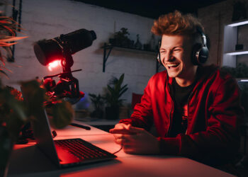 A person wearing headphones and a red hoodie is sitting at a computer desk with a microphone, surrounded by plants. The room is dimly lit with red lighting, and the person is smiling or laughing. | MONEY6X