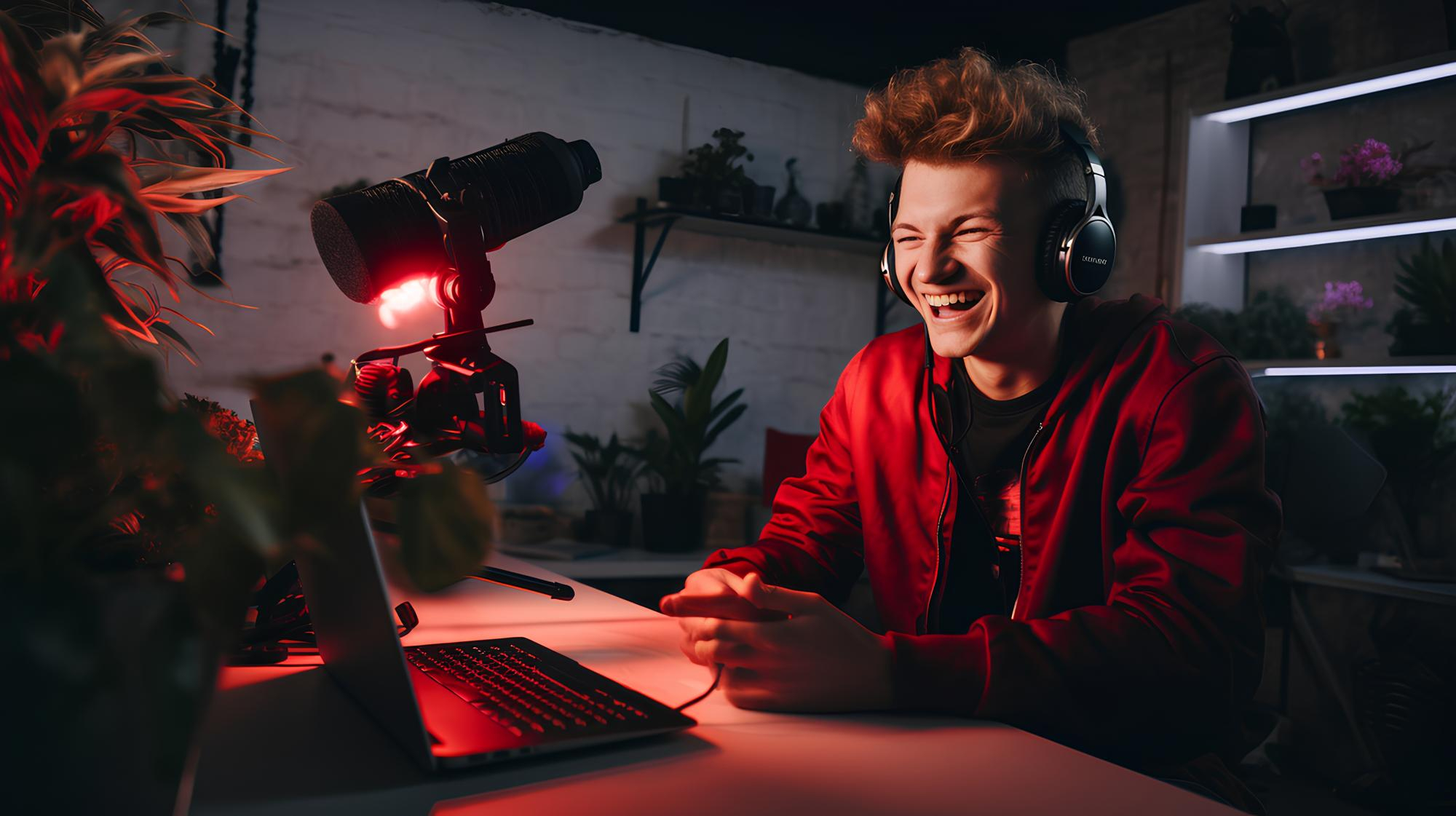 A person wearing headphones and a red hoodie is sitting at a computer desk with a microphone, surrounded by plants. The room is dimly lit with red lighting, and the person is smiling or laughing. | MONEY6X