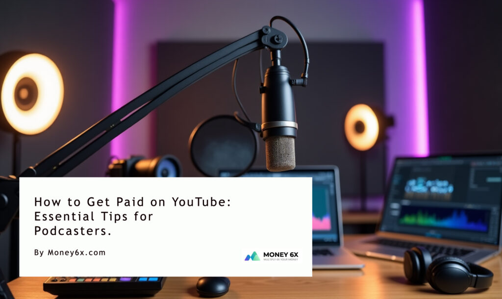 A podcast setup featuring a microphone and pop filter on a desk with a keyboard, mouse, and two laptops displaying editing software. A neon purple light illuminates the background. A text overlay reads: " How to Get Paid on YouTube: Essential Tips for Podcasters. | MONEY6X